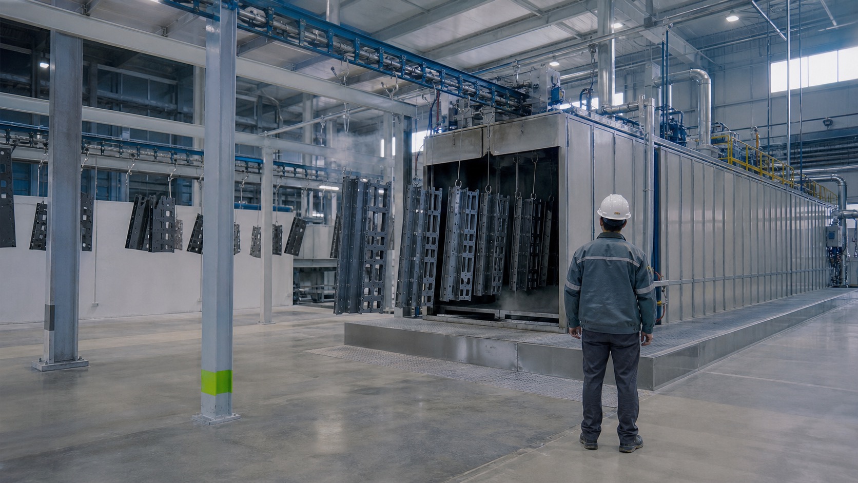 Illustrative industrial surface-finishing facility with a conveyor line and process equipment.
