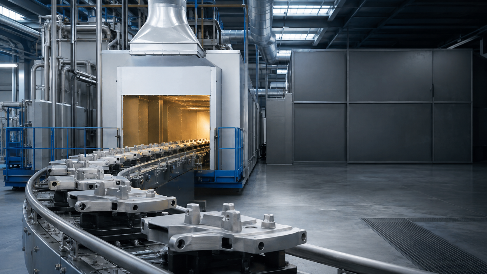 Industrial surface-finishing production route with conveyors and process equipment.